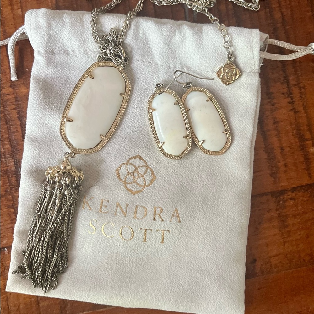 Kendra Scott White/Gold necklace and earring set.